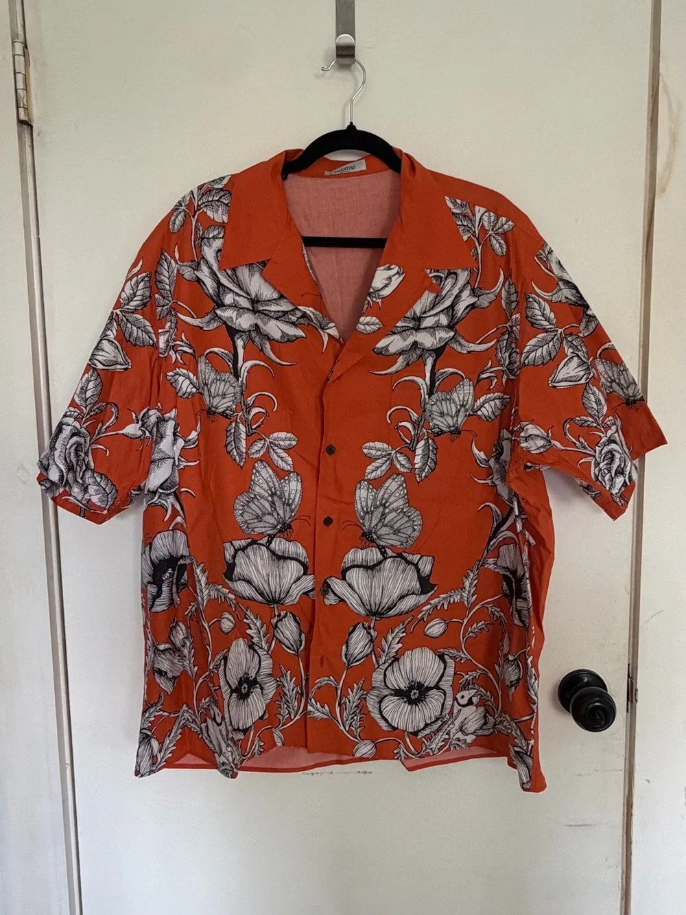 Valentino Orange Short-Sleeve Floral Button-Down Shirt